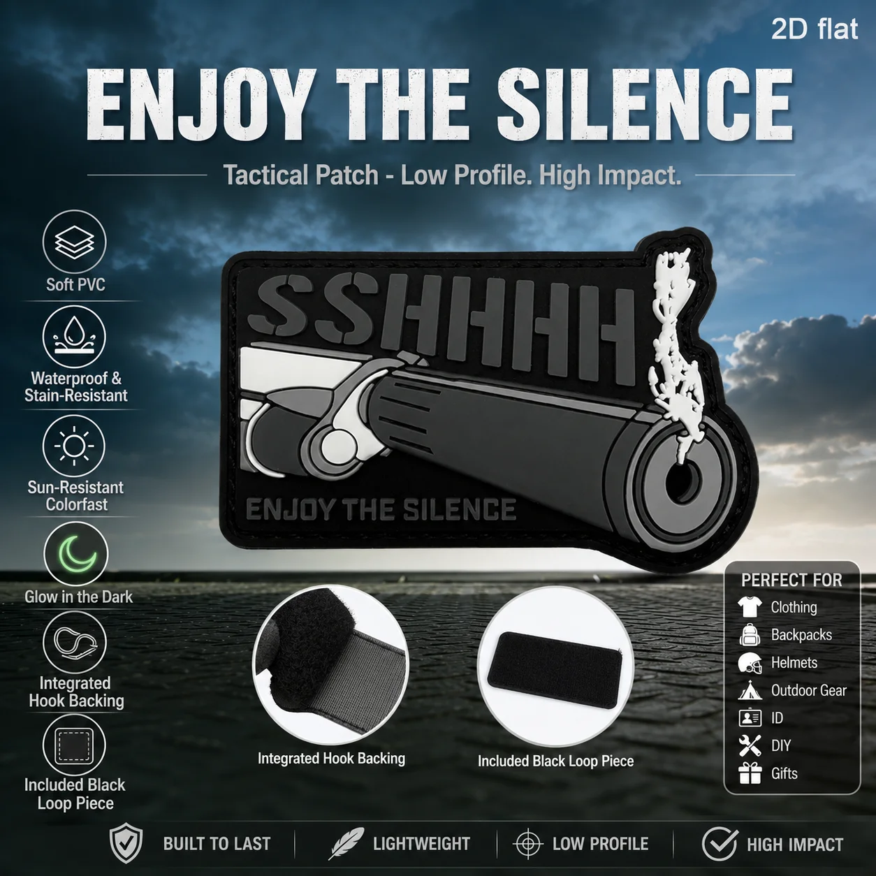 English Slogan Silencer Device, Special-Shaped Logo Badge, 2D Flat Pvc Material with Luminous Effect, Magic Tape Patch, Free Backing Material, Optional Specifications, 1Pc/2Pcs/3Pcs, Layered 3D Embossed Edge, Not Easy to Come Off, Versatile Functional Jacket Personalized Decoration Accessory