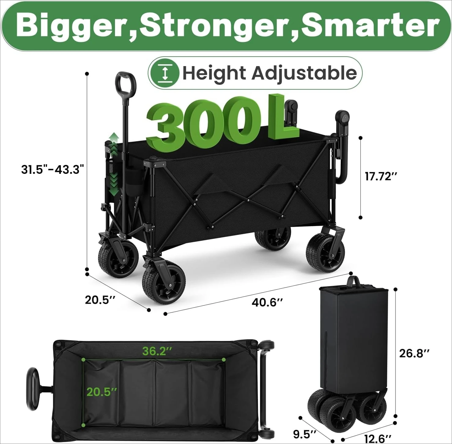 500 lbs Collapsible Folding Beach Wagon Cart, Push & Pull Utility Wagon with All‑Terrain Wheels for Grocery, Camping, Skiing, Ice Fishing, Sports and Garden, Black