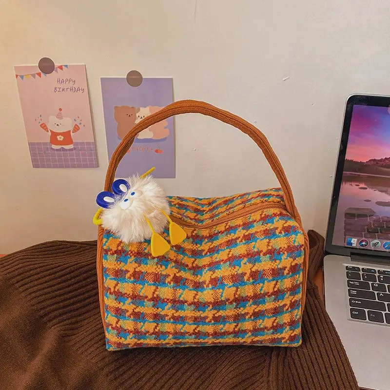 Women's Cosmetic Bag Autumn Winter New Bags Cute Thousand Bird Lattice Handbag Makeup Bag Neceser De Maquillaje Pouch Makeup Bag