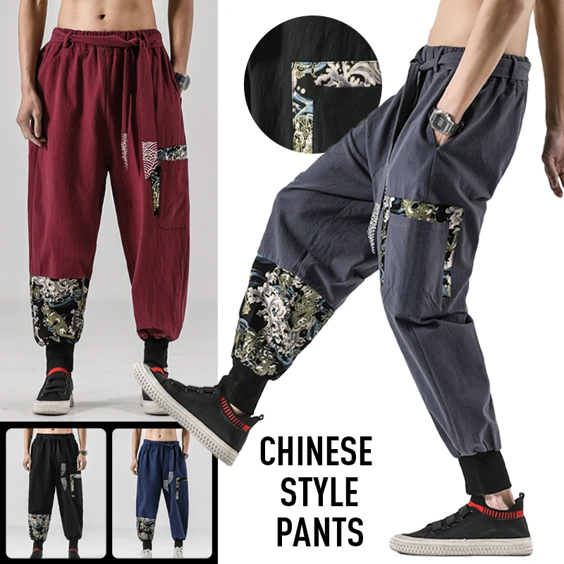 

Japanese Kimono Cotton Linen Pants Men Samurai Costume Ukiyo-e Print Belt Harem Pants Haori Baggy Trousers Harajuku Hip Hop