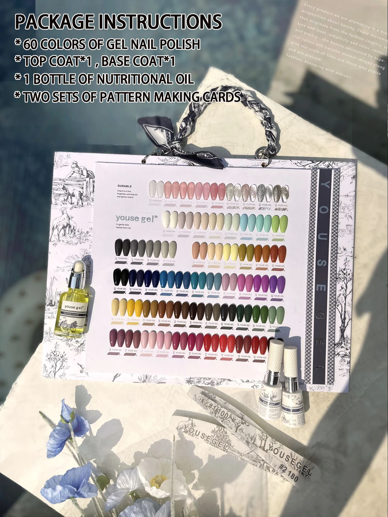 

Nail salon gel polish kit, 60 colors of gel polish, 3 nail files, nail cutter oil, and a color chart for display. Suitable for n