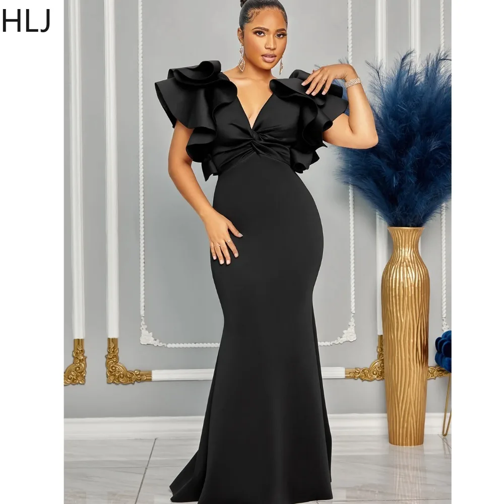 

HLJ Fashion Solid Deep V Ruffle Bodycon Evening Party Dresses Women Sleeveless Ruched Slim Floor Vestidos Elegant Female Clothes