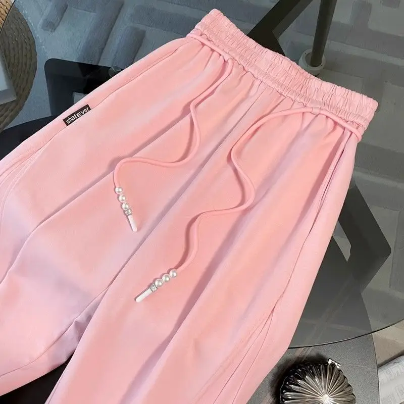 Fashion Casual Sports Suit Women\'s Spring and Summer New Style Stylish Short Sleeved Top Pink Wide Leg Pants Two-piece Set