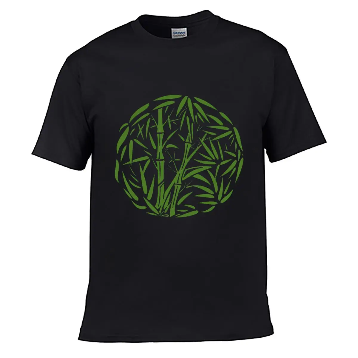 Green Bamboo Leaves Circular Botanical Pattern Men Summer Washed Tee Loose Distressed Top