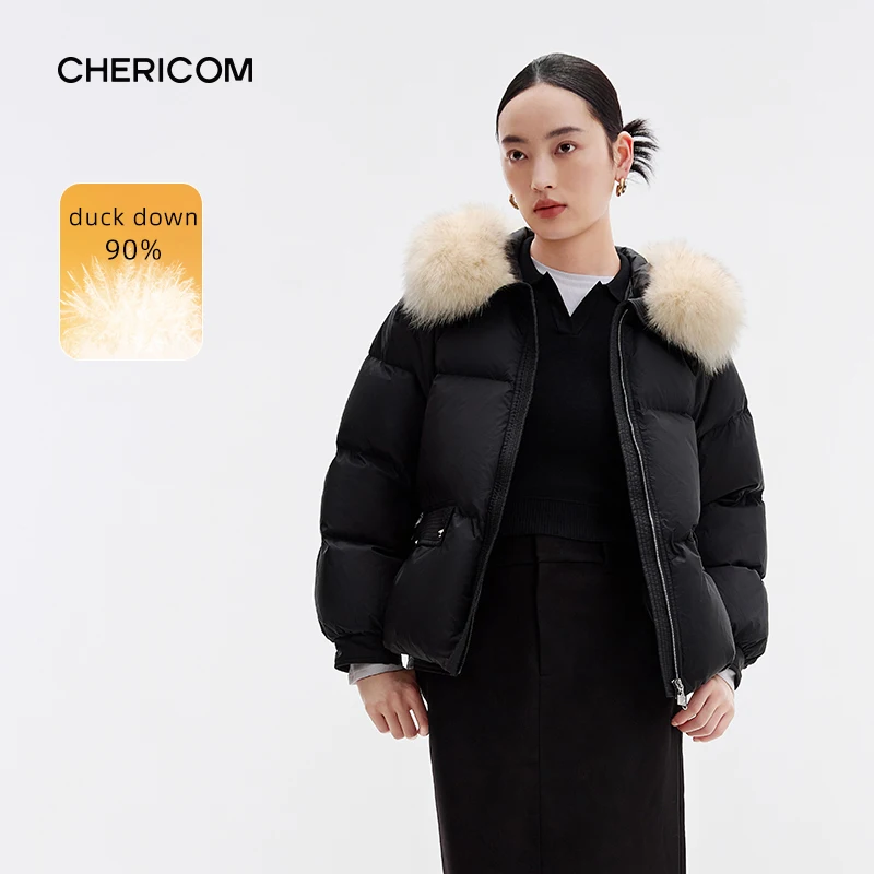 Chericom Short Fox Fur Collar Women's Winter Down Jacket Thick Warm Solid Padding Jacket Korean Fashion Puffer Coat 299202