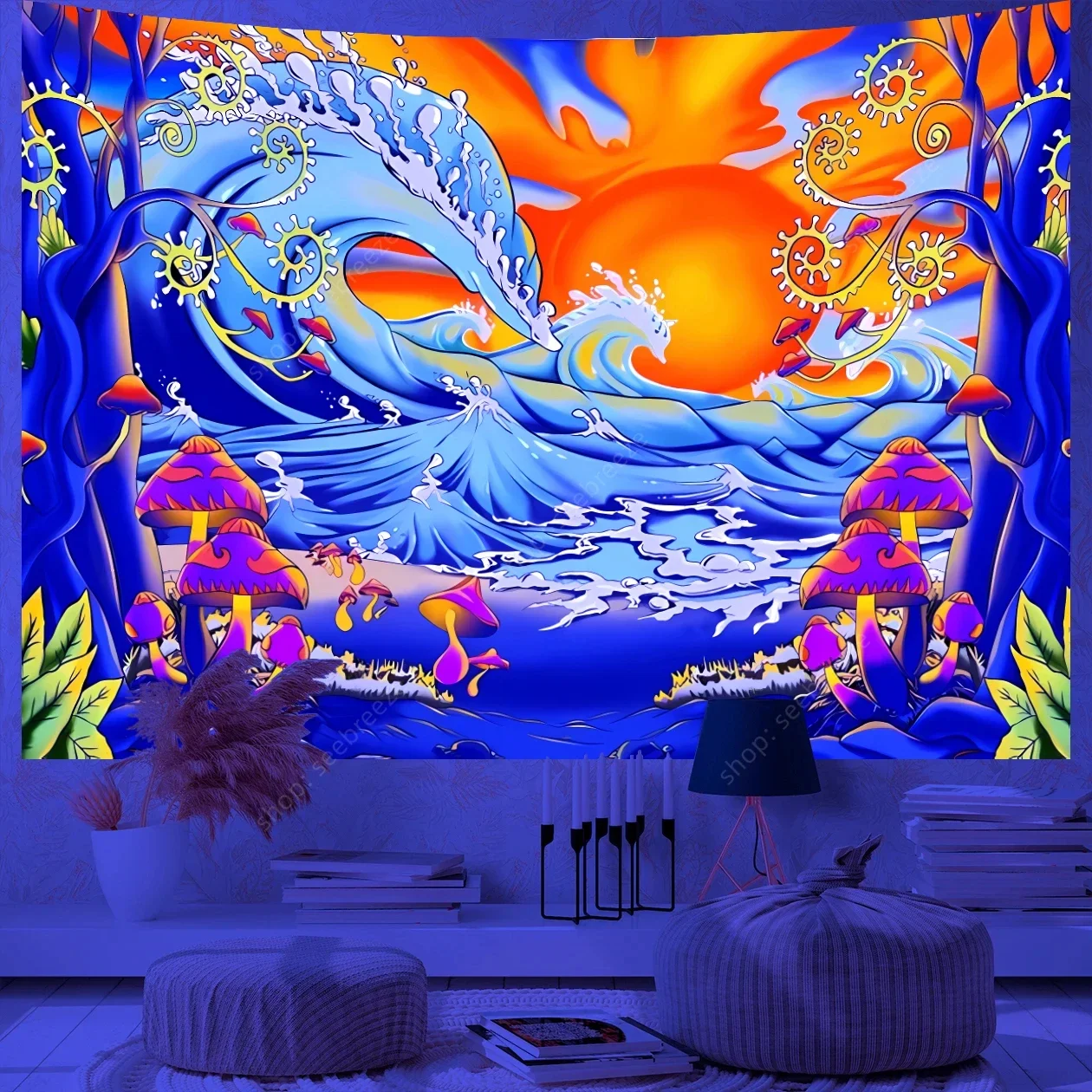 Japanese Great Waves UV Reactive Tapestry Mount Fuji Wall Tapestries for Room Decor Aesthetic Curtain Blanket Home Wall Decor