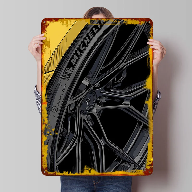 Rad-Nahaufnahme Auto-Poster Individuell Bedruckte Retro Wandkunst Vintage Metallschilder für Heim-Dekoration Gamer-Zimmer-Dekoration