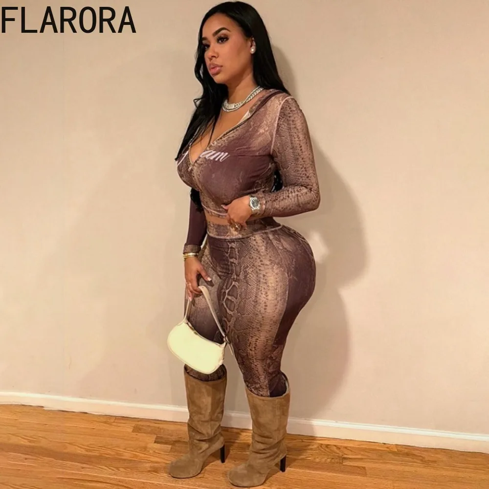 FLARORA موضة رسالة الأفعى طباعة رياضية 2 قطعة مجموعة امرأة البريدي سليم صالح المحاصيل الستر + السراويل الخريف تمتد ملابس الشارع الشهير #2
