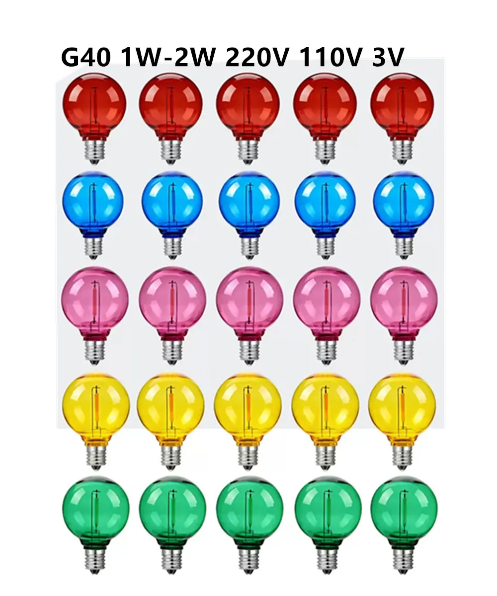5PCS Vintage G40 Led String Light Replacement Bulb 1W 3V 120V 220V Red Blue Plastic Shatterproof Globe Ball Lamp E12 Base Edison