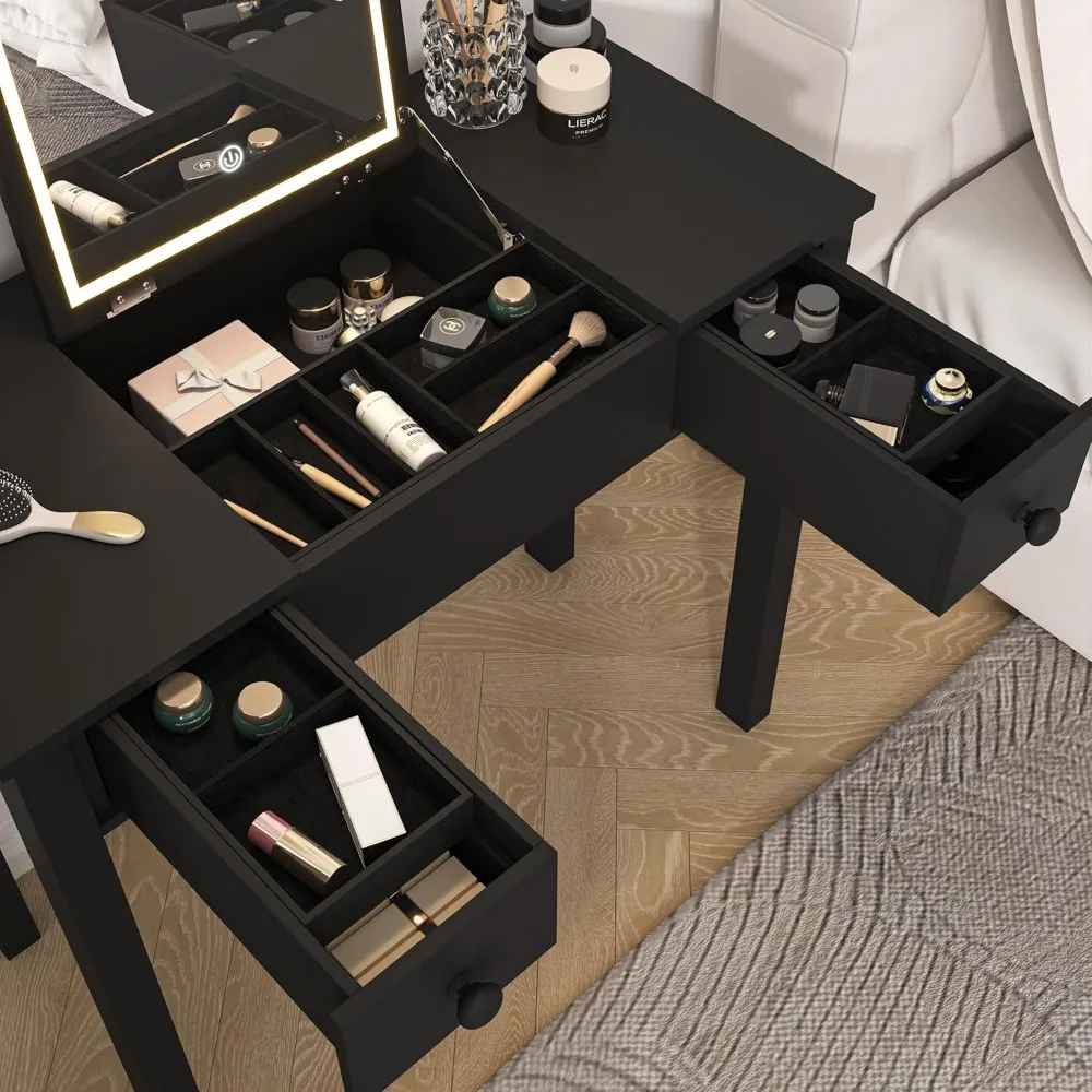 Escritorio de tocador de maquillaje iluminado ajustable con espejo abatible, iluminación de 3 modos, 2 cajones, 3 cajas de almacenamiento para dormitorio