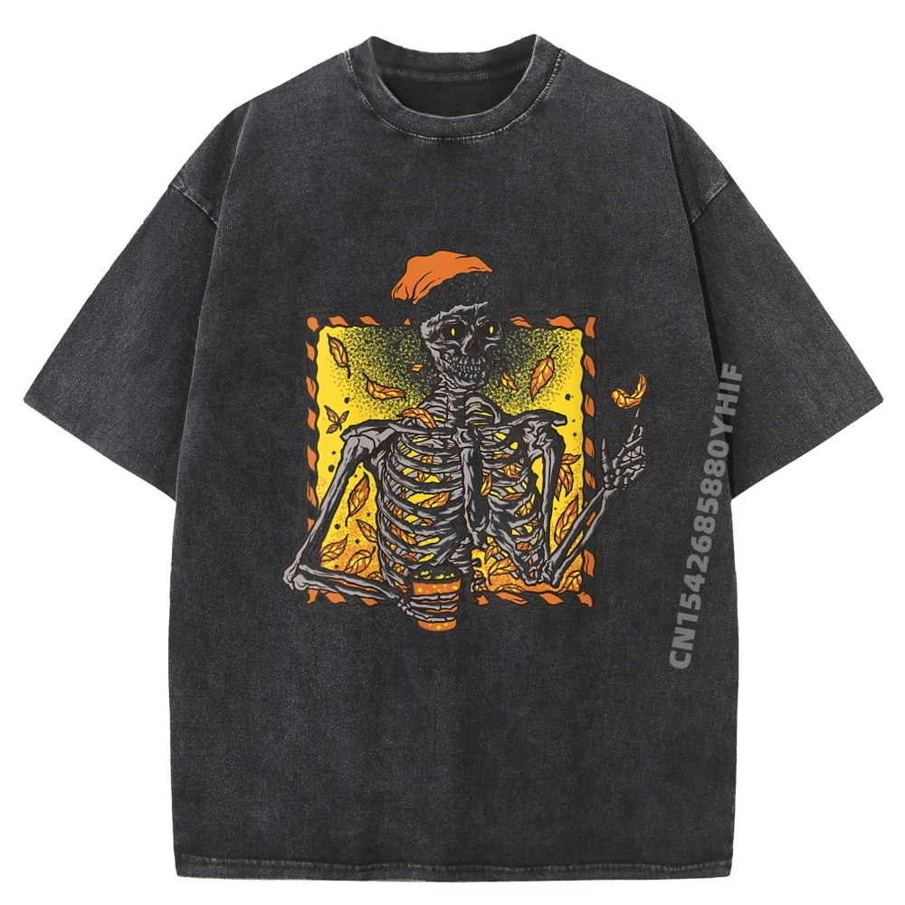 

Женские футболки со скелетом Санта-Клауса, напитки, кофе, свободные мужские топы и футболки, забавная футболка, мужская винтажная стираная одежда