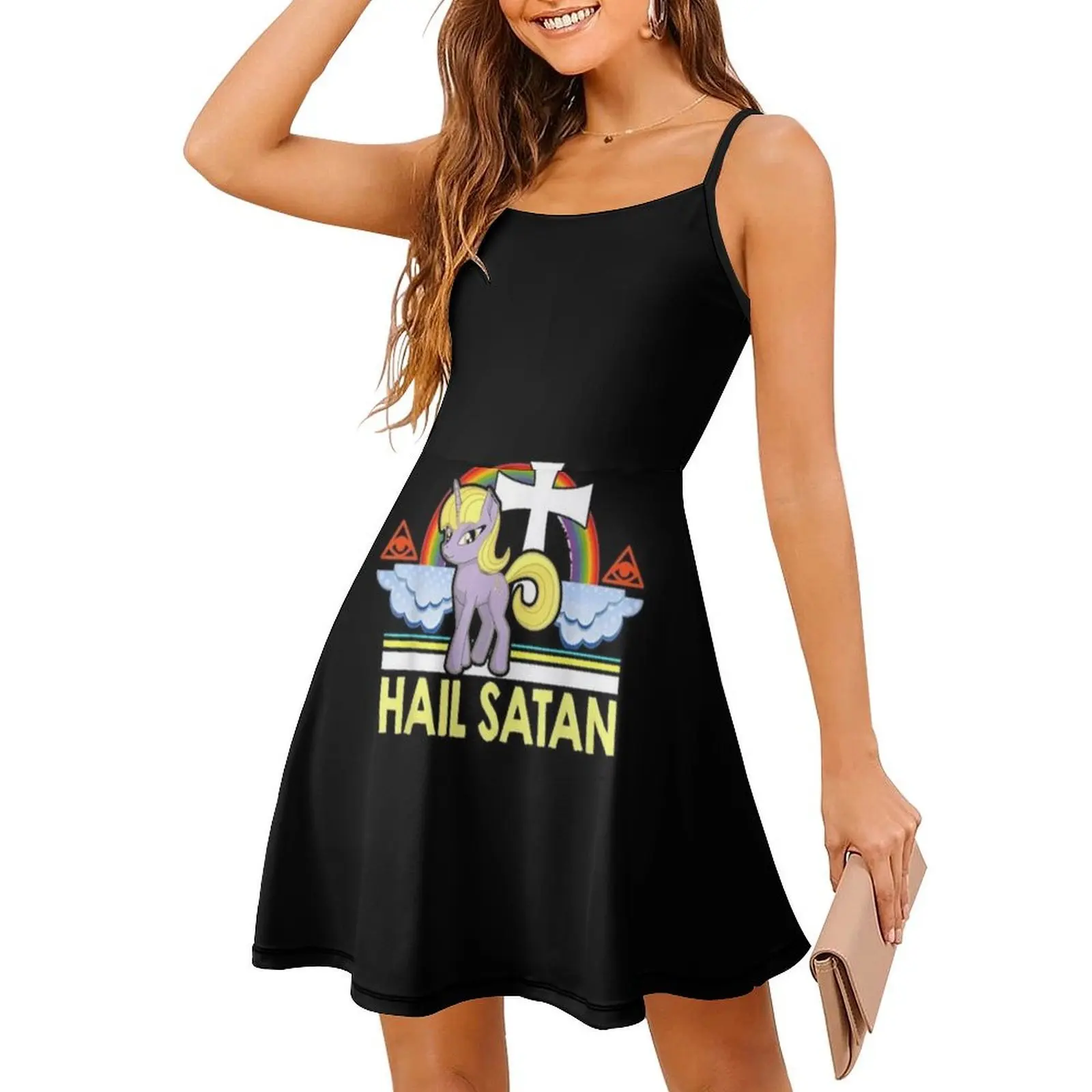 يونيكورن حائل الشيطان الموت المعادن قوس قزح نمط Preppy فستان قصير للنساء ألف خط فضفاض صالح فستان يوم غير رسمي يونيكورن حائل الشيطان