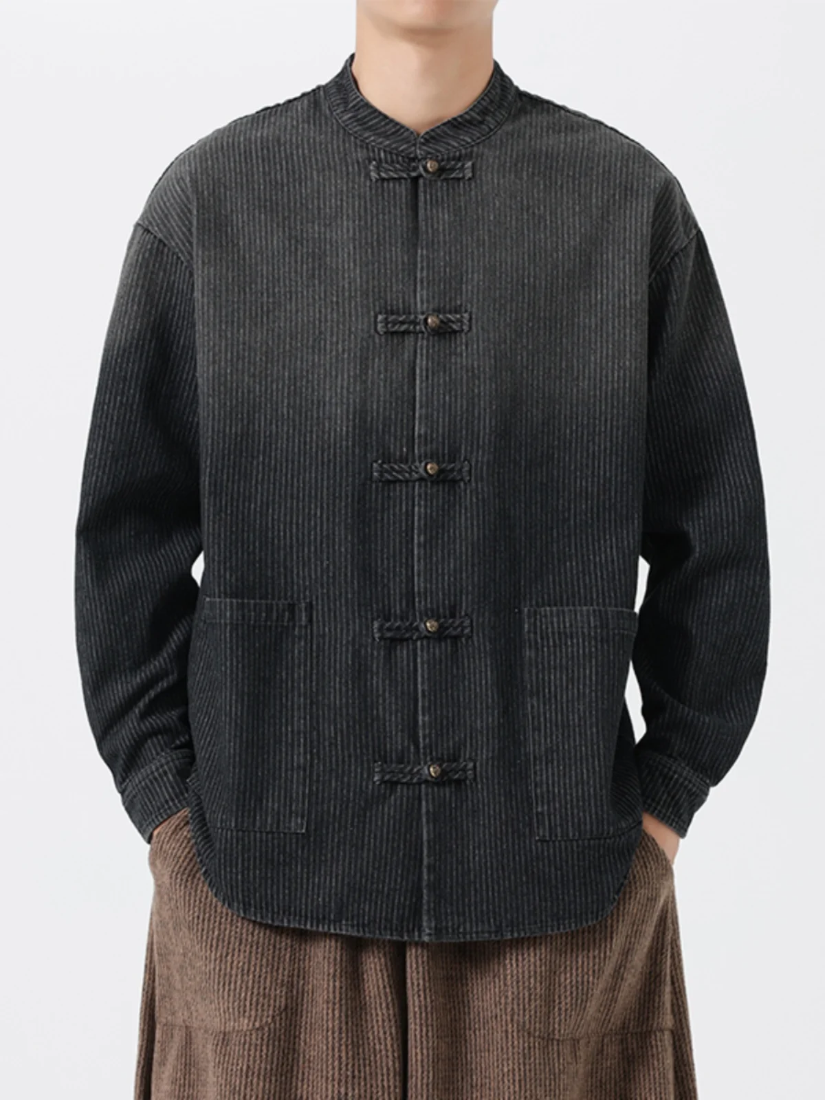 

New Chinese Sle Thin Long Sve Men's Jaet Autumn Initial Denim irt Large Size Coat Casual Loose Fit Anti-Wrinkle