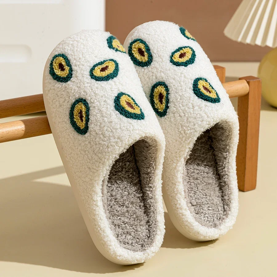 Cute Avocado Women Slippers Winter Warm Indoor Fruit Cartoon Funny Soft Non-slip Slipper Cherry Strawberry Comfy Cotton Shoes