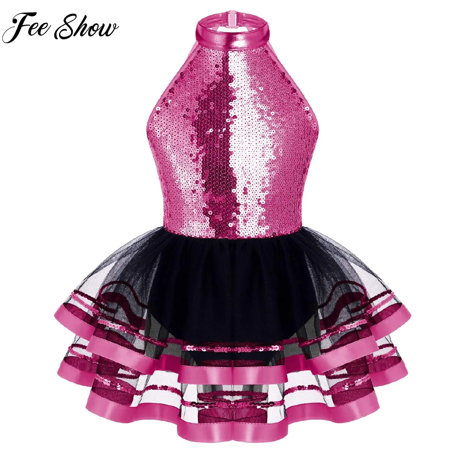 Kids Girls Sleeveless Tutu Mesh Dance Dress Round Neckline Sparkling Sequins Decorated Straps Hollow Back Party Wear Costumes