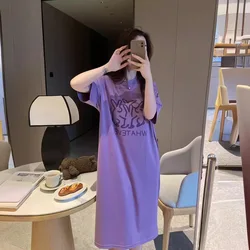 New Women's Summer Nightgown Homewear Cotton Thin Lazy Skirt Short-Sleeved Nightgown Can Be Worn Outside the Dress Pajamas Homew