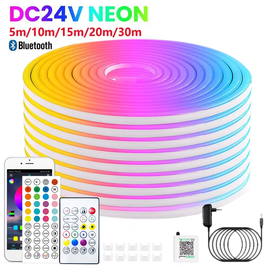 

Dc24V Светодиодная неоновая лента 5/15//30/10M 20 метров Rgb Неоновый свет Bluetooth Синхронизация музыки Светодиодная неоновая лента Водонепроницаемый неоновый веревочный светильник