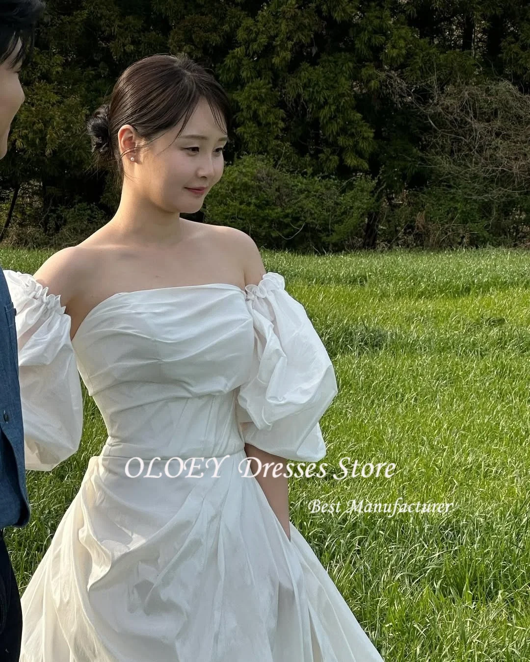 OLOEY Sweetheart A 라인 한국 웨딩 드레스 맞춤형 태피터 플리츠 코르셋 백 신부 가운 짧은 랜턴 슬리브 신부 드레스