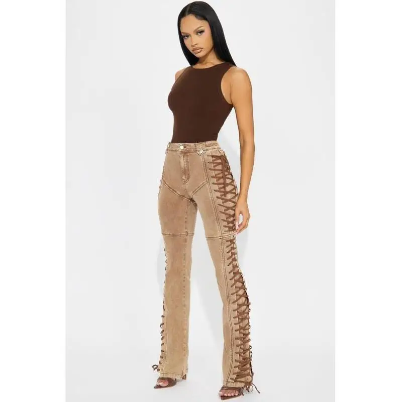 

High Waist Straight Leg Khaki Flare Pants ter Hours Lace up Casual Trousers ex High Waist Flared Pants Korean Sle