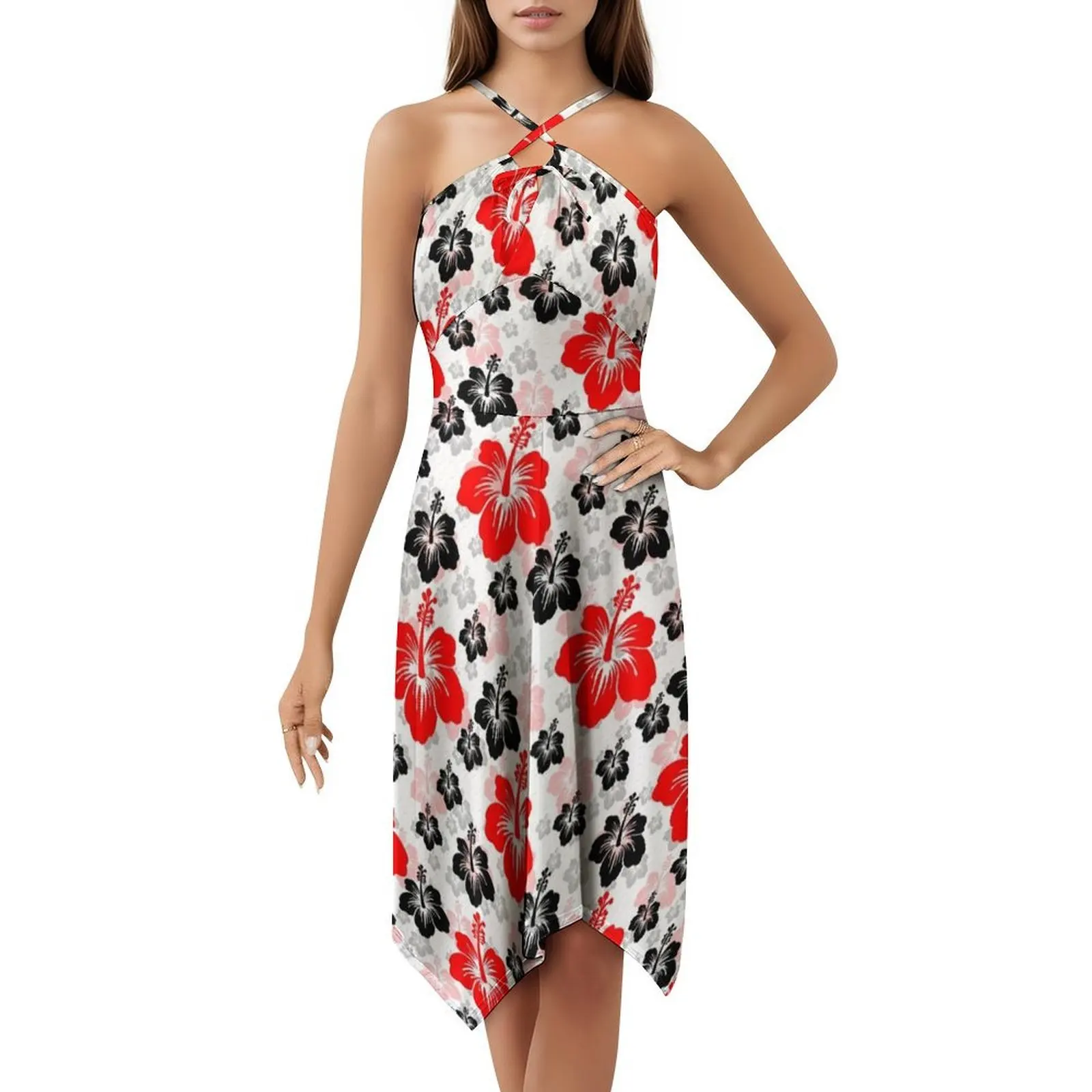 أحمر أسود مجردة الأزهار سطح نمط مثير عطلة فستان للنساء شاطئ حفلة عيد ميلاد فستان قصير زهرة سوداء حمراء #5