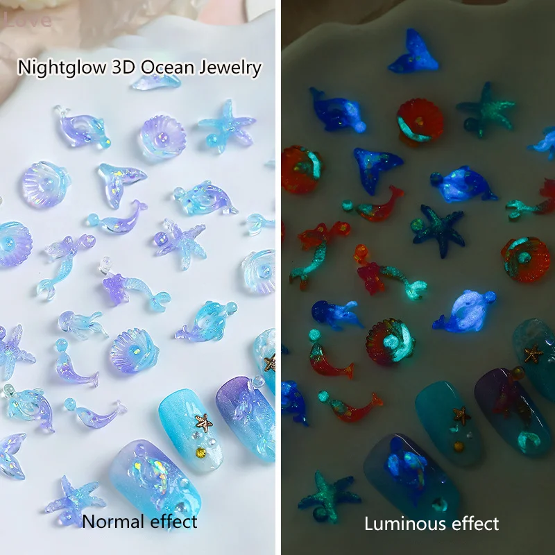 [L & P] 50 Uds. De dijes 3D para decoración de uñas de océano, concha de estrella de mar de verano, decoración de uñas, suministros de accesorios para uñas con gradiente luminoso de resina