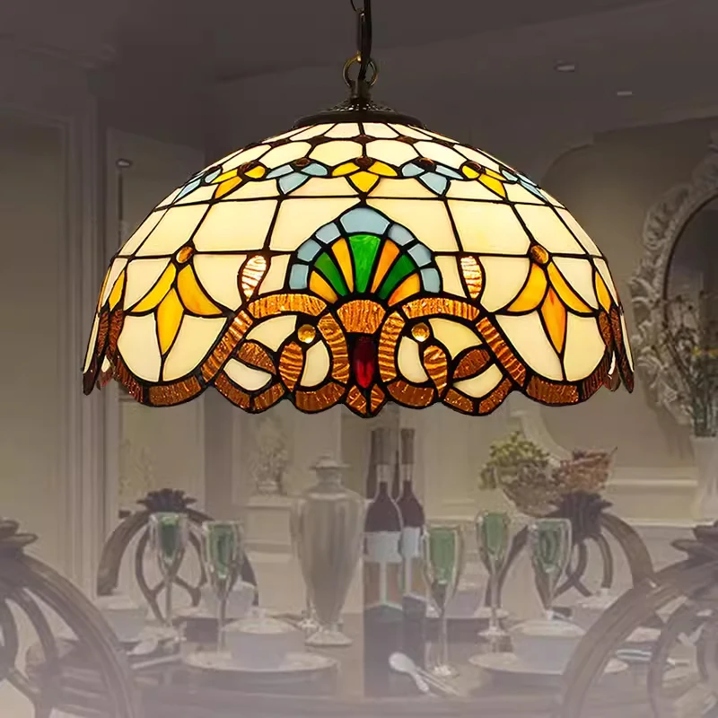 

Tiffany Baroque Pendant Lights Vintage Mediterranean Stained Glass LED Hanging Lamps Living Room Decor Kitchen Light Fixtures