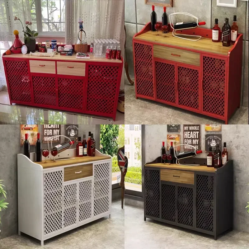 Industrial Solid Wood Iron Sideboard High Storage Cabinet for Restaurant Tea Hot Pot Dining Area Wall Mounted Prep Unit