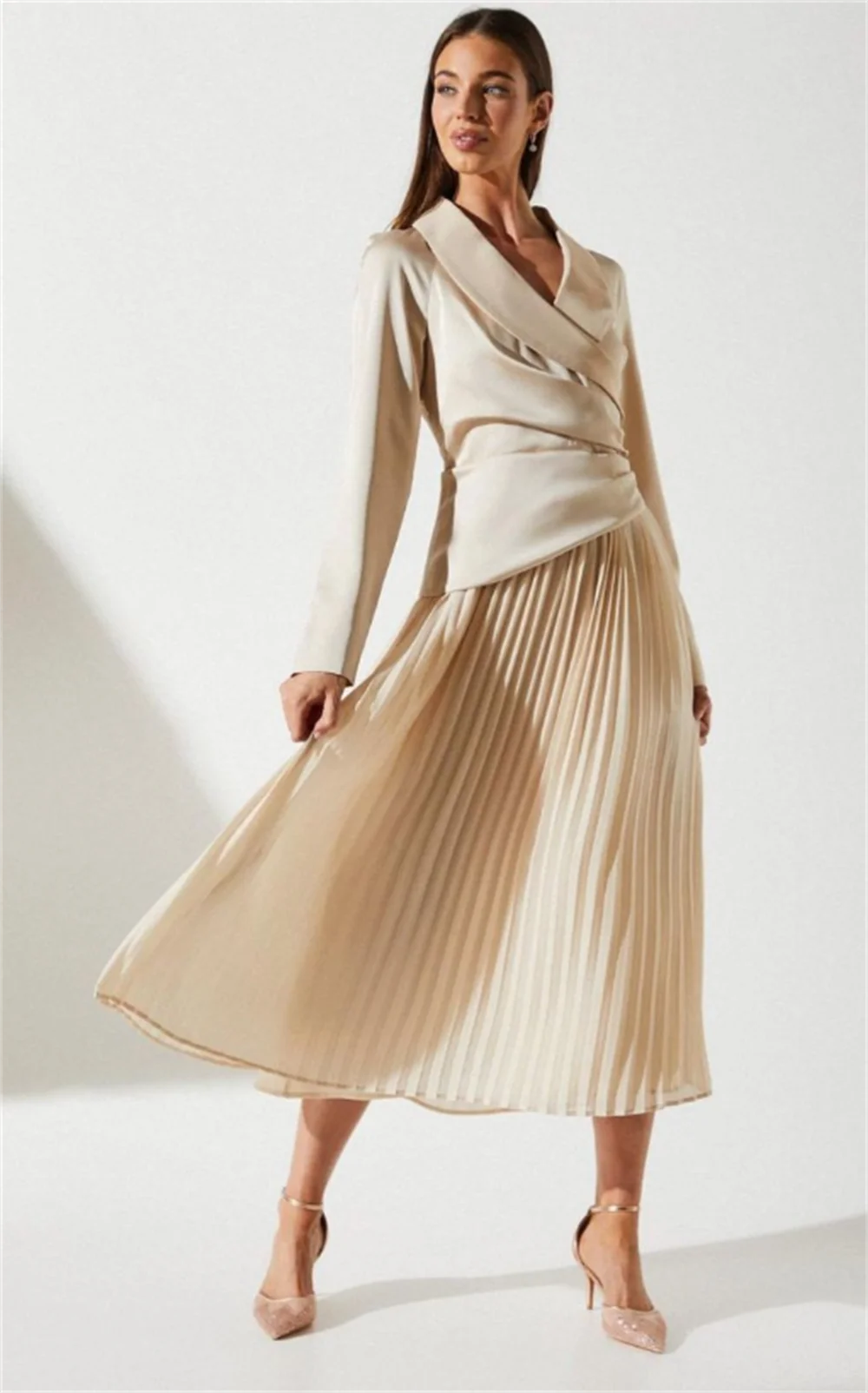 Vestidos de noite com decote em v manga longa plissado uma linha vestido mancha chá comprimento vestidos de baile formal vestidos de festa فسات intellimavera