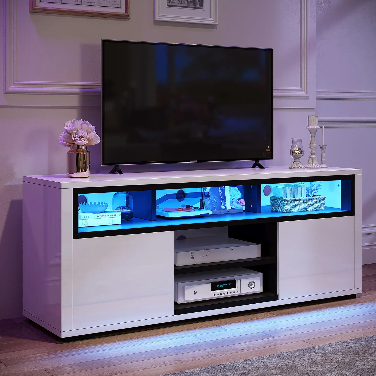 

LED TV Stand Cabinet for 60 Inch High Gloss Media Console with Open Shelves Living Room Furniture Tv Table White