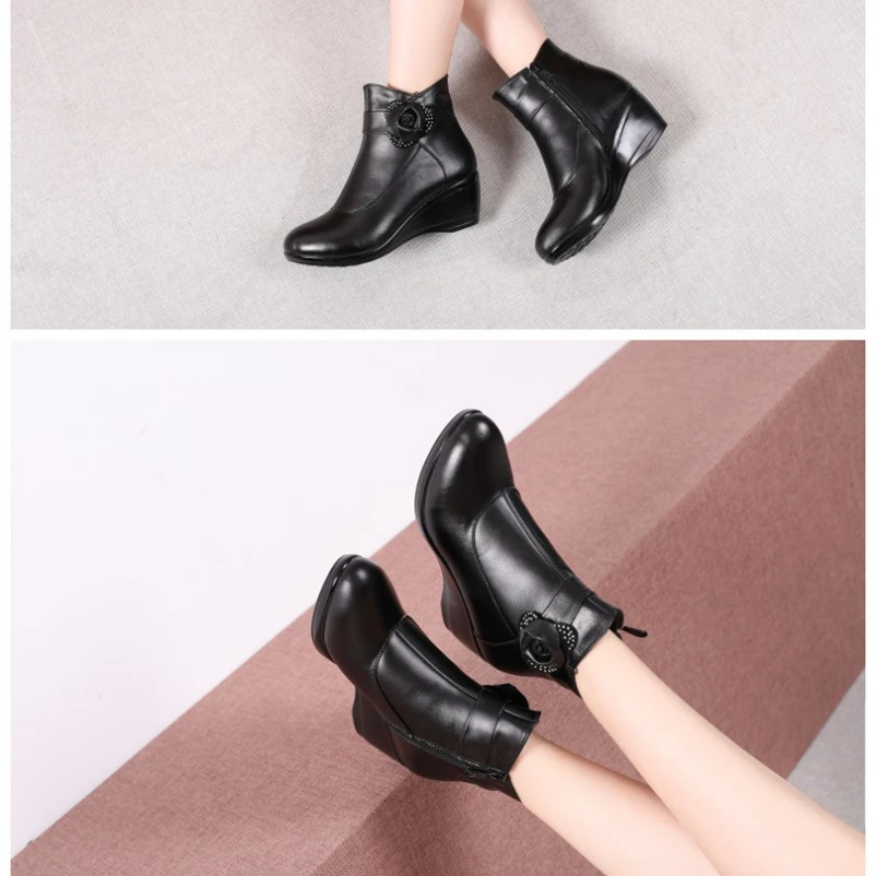 2025 النساء الأحذية جلد طبيعي شتاء دافئ أفخم الخريف أحذية الشتاء حذاء بكعب ويدج امرأة حذاء من الجلد حجم 34-43 #6
