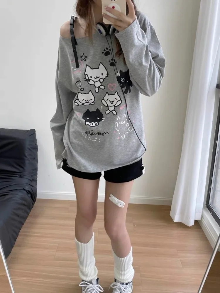 Houzhou Y 2K Harajuku Cuteore Hoodies Vrouwen Japanse Stijl Kawaii Zoete Bandage Cartoon Print Oversized Sweatshirt Zacht Meisje 2024