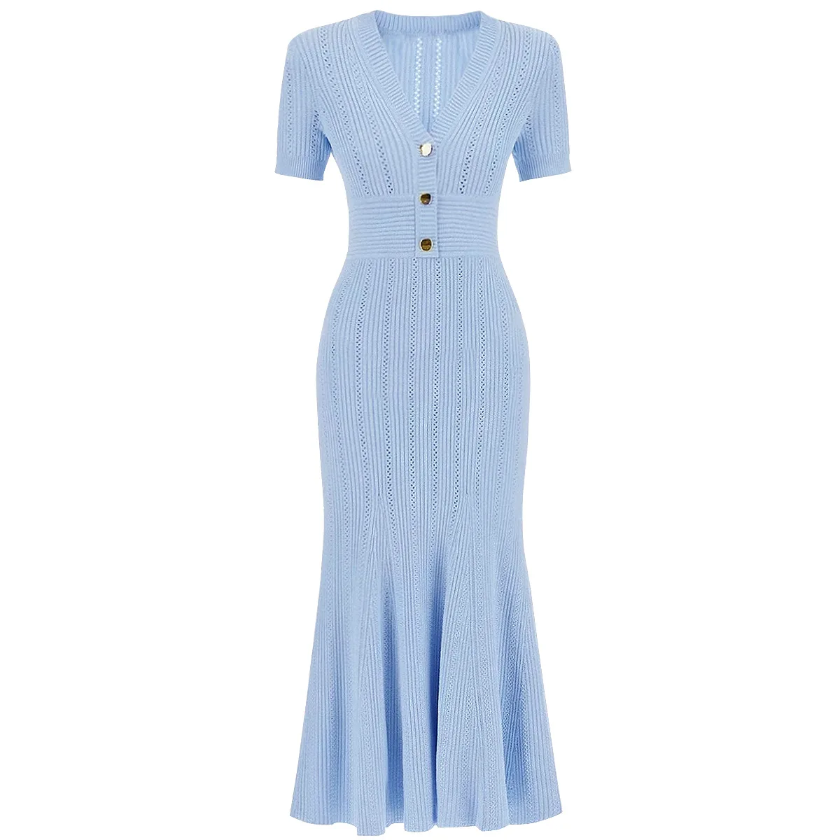 

2537 quality spot summer new short-sleeved V-neck knitted versatile slim and thin fishtail long dress