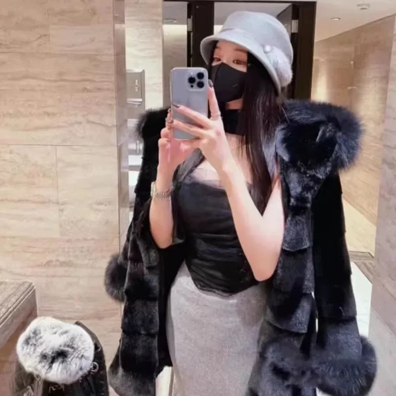 Eco-Friendly Mink Fur Jacket Women's Overcoat Loose Hooded Mid-Length Warm Jacket 2025 Winter New Faux Fox Fur Collar Plush Coat