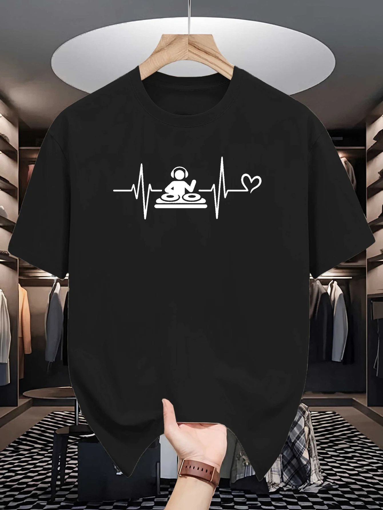 Men White Crew Neck Tee Black Heartbeat Line DJ Silhouette Headset Mixer Love Heart Minimal Electronic Music Casual Cotton Tops