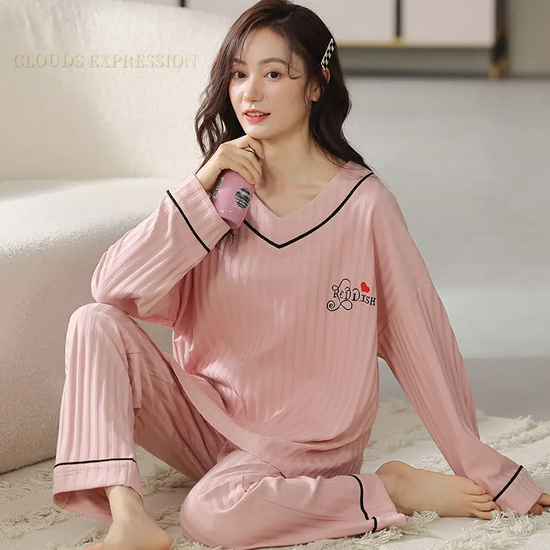 Spring Big Size 5XL Knitted Cotton Floral Pajamas Sets Women Pyjamas Elegant Sleepwear Nightwear Pijama Mujer Loungwear Homewear