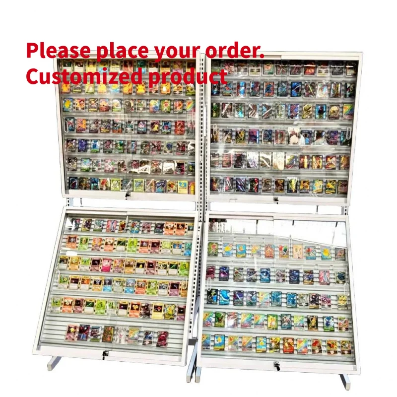 custom.Custom Single and Double Sides Adjustable Rails Shelves Lockable Graded Card Display Rack TCG MTG Trading Card Display Ca