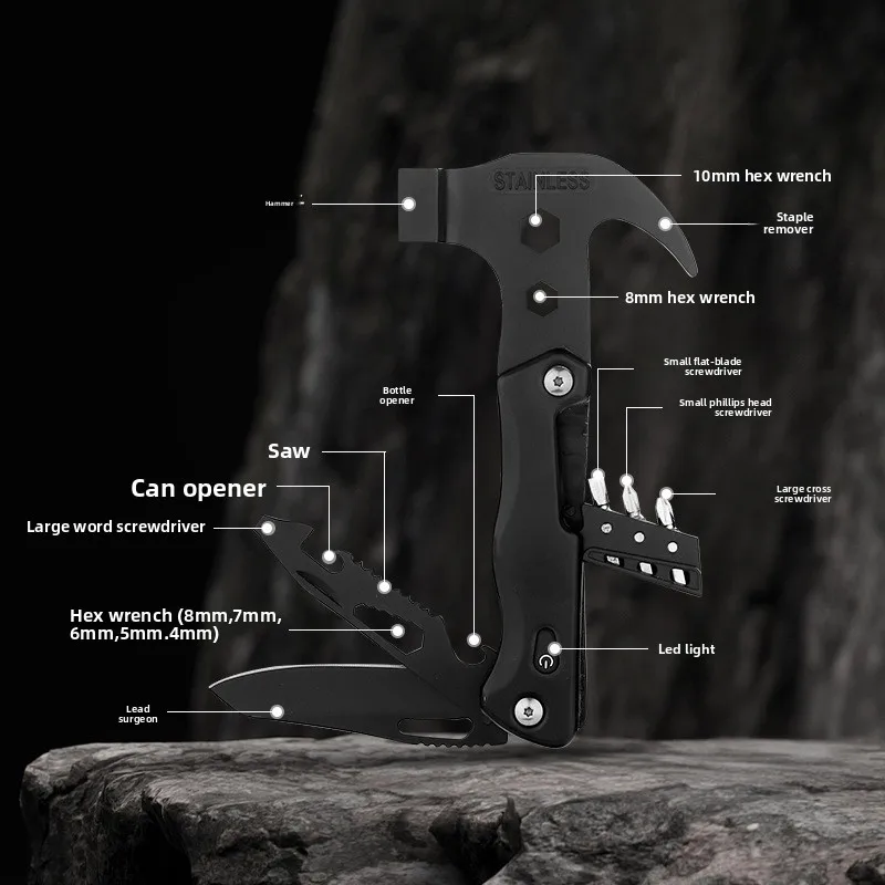 

Многофункциональный молоток для кемпинга из нержавеющей стали с ручкой из алюминиевого сплава с аварийным фонариком для уличного автомобиля, спасательный инструмент
