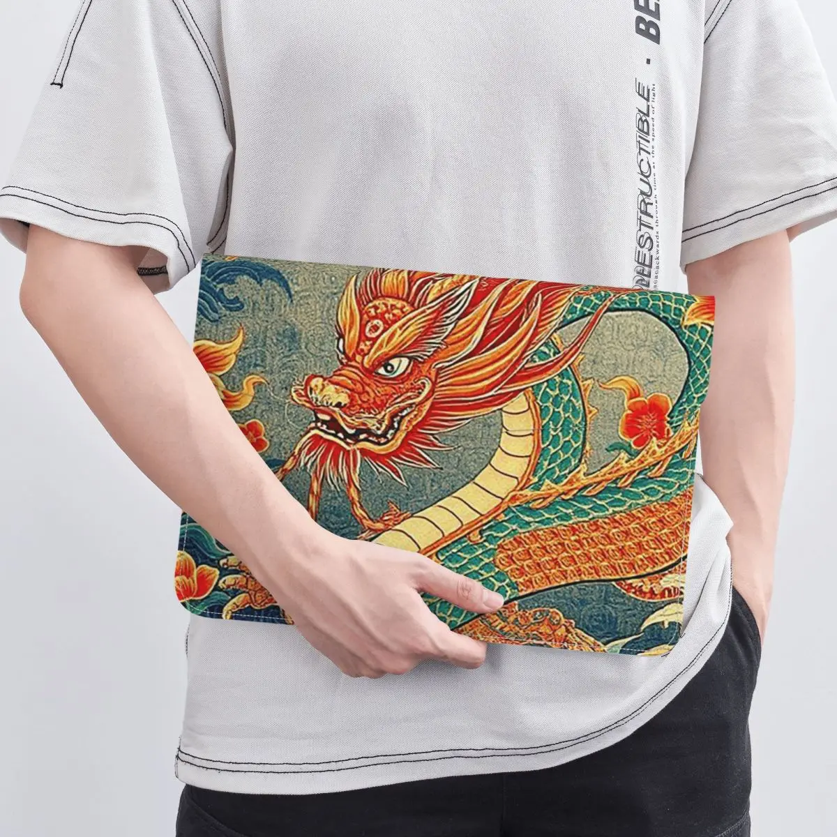 Chinese Dragon Asian Oriental Style Art PU Leather Horizontal Laptop Sleeve Shockproof Soft Lining Notebook Case 13 Inch