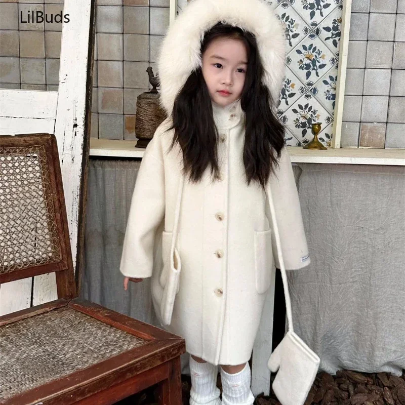 2024 Children\'s Vintage Alpaca Wool Double Sided Cashmere Handmade Outerwear Outdoor Girl\'s Coat White Hooded Clothing Winter