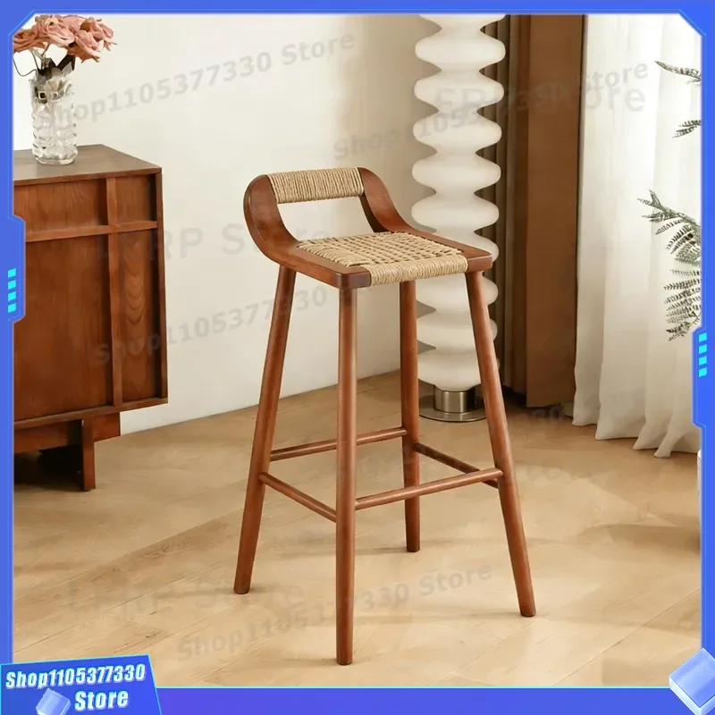 Nordic Wabi Sandy Wind Rope Weaving Bar Chair Solid Wood High Stool Medieval Front Desk Chair Household Modern Counter Seat