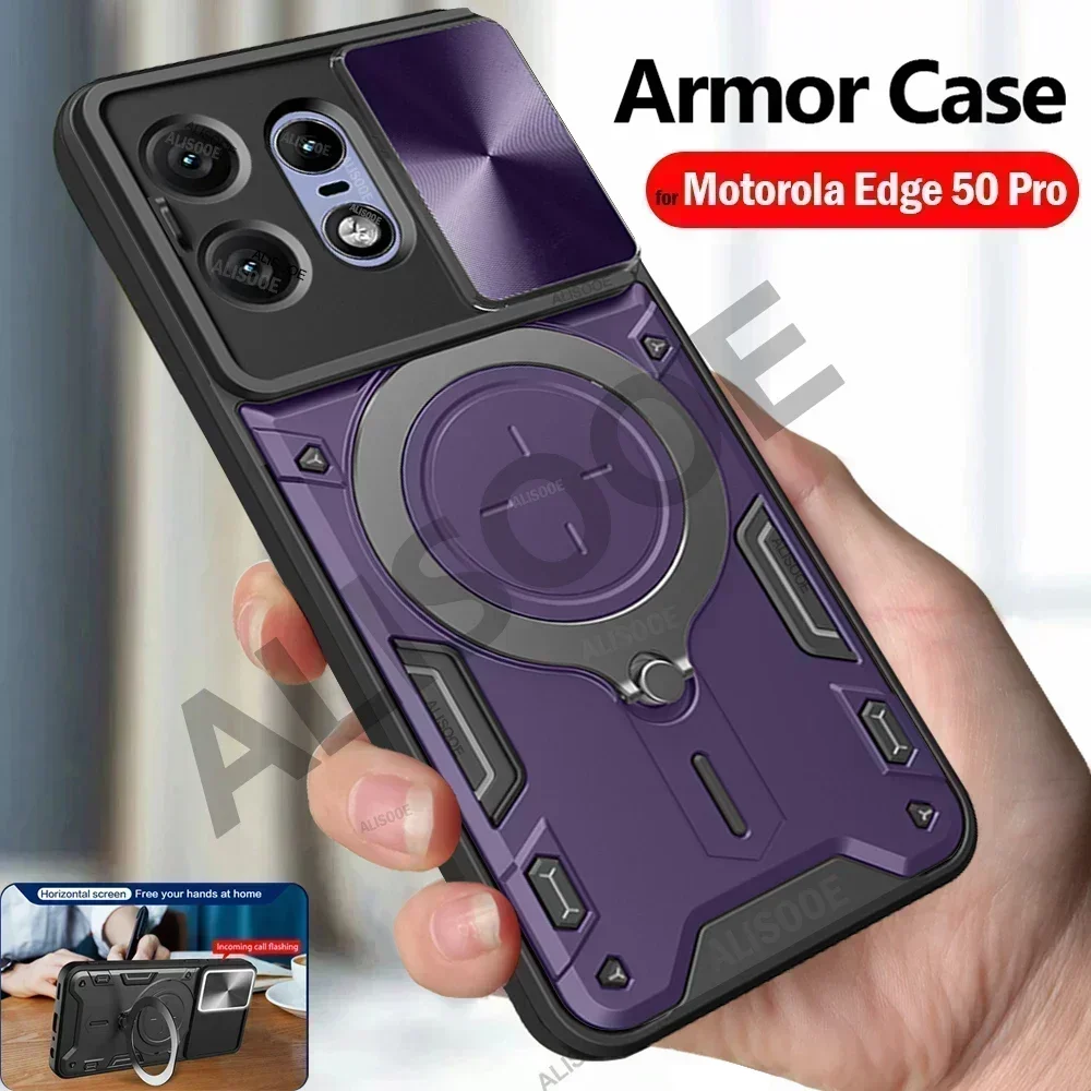 For Motorola Edge 50 Pro Case Slide Camera Ring Holder Cover for Motorola Moto Edge 50 Pro Capa Shockproof Stand Armor Funda