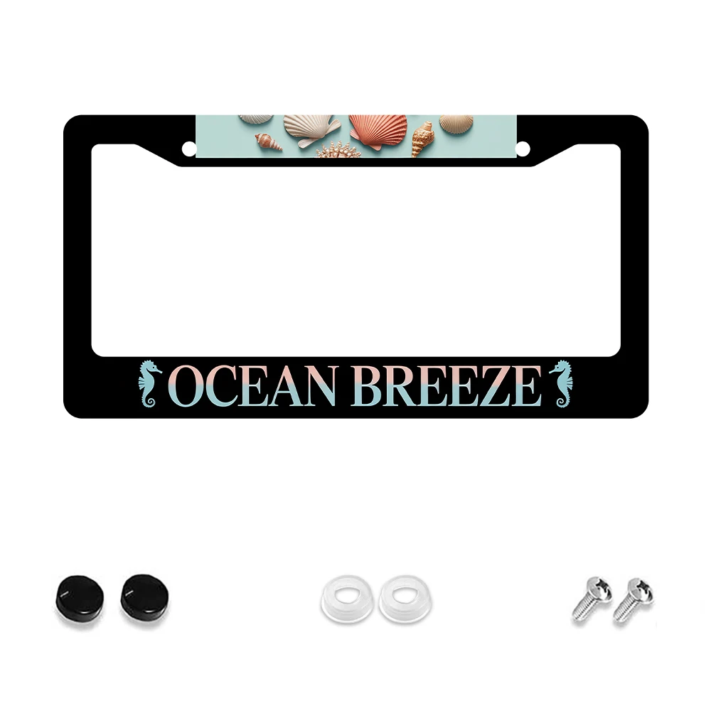 قطعة واحدة من إطار لوحة الترخيص الأسود بفتحتين مع نمط صدف نسيم المحيط، مادة الألومنيوم، 6 × 12 بوصة، تتضمن طقم براغي، إعادة #1
