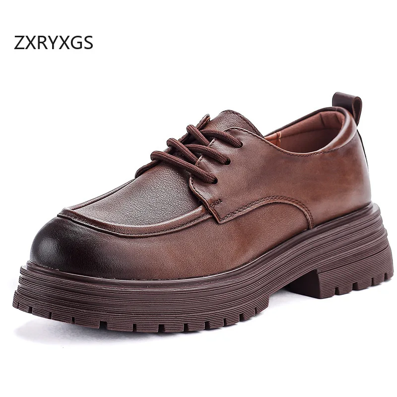 

ZXRYXGS, новинка 2025, осенняя женская обувь из натуральной кожи со шнуровкой и круглым носком, британский стиль, нескользящая толстая подошва на среднем каблуке, прилив