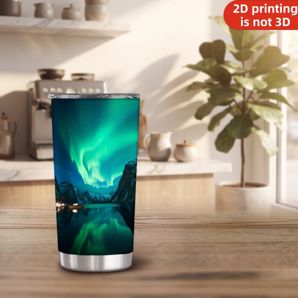 20oz Green Aurora Borealis Printed Stainless Steel Tumbler with Lid and Straw, Northern Lights Mountain Fjord Lake Reflection Vacuum Insulated Travel Coffee Mug Gifts for Nature Lovers