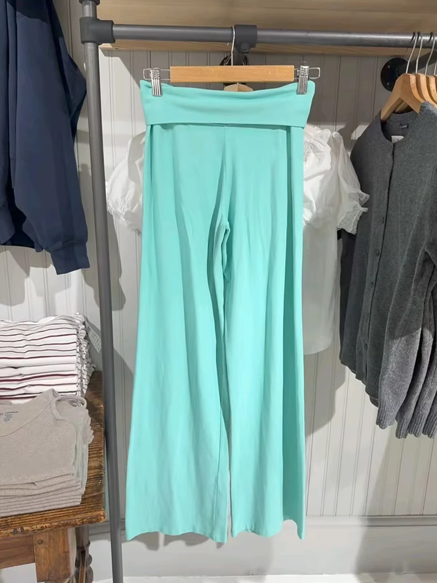 Mint Green Flip up Skinny Pants Women Summer Simple Elastic Cotton Yoga Long Flare Pants Sweet Chic Casual Y2K Sport Trousers