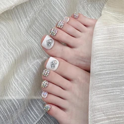 10pcs Handmade Press on Toenails Flash Rhinestone Design White Square Fake Toenails for Women Wearable Reusable False Toe Nails