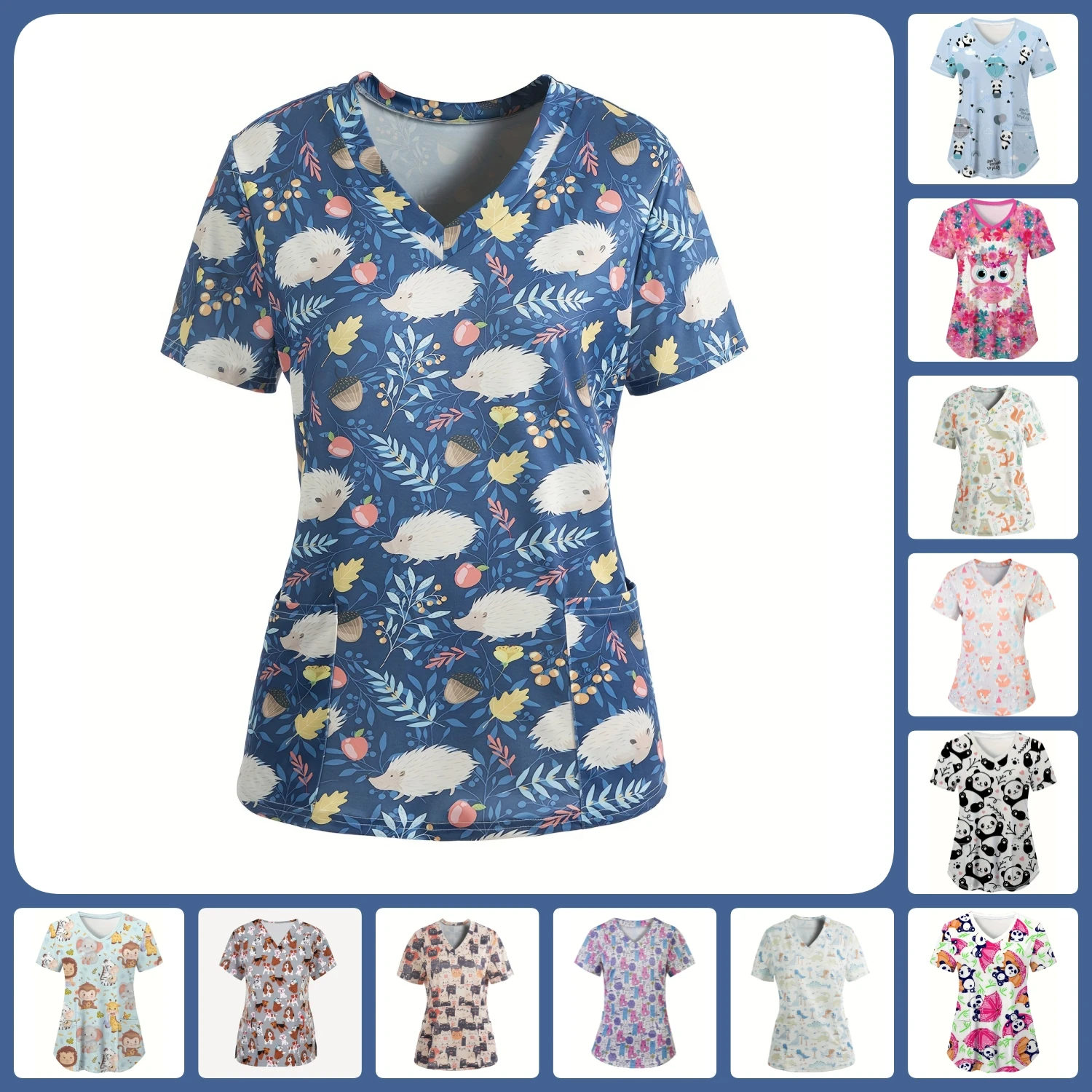 Surgical Uniforms Woman Adorable Animal Cartoon Print Vet Nurse Tops Fashion V-Neck Short Sleeve Tees Medical Uniform for Women