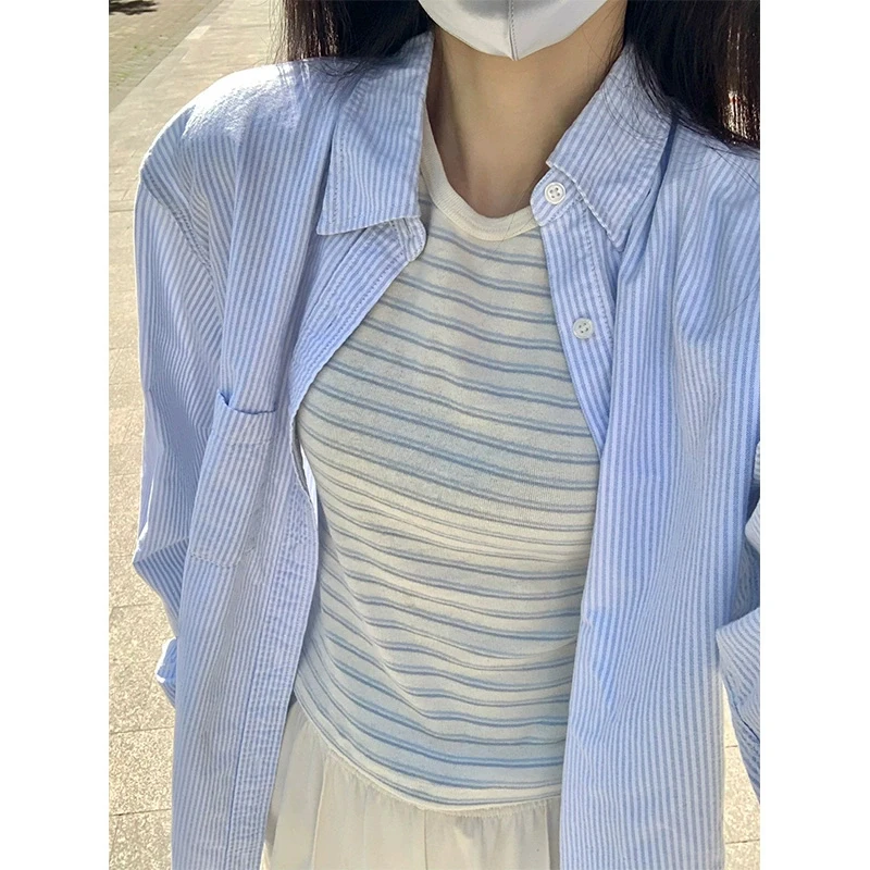 جاكيت قميص نسائي مخطط باللون الأزرق، تصميم جديد لربيع وخريف على الطراز الهونغ كونغي، قطعة علوية أنيقة وفريدة بأكمام طويلة ويا...
