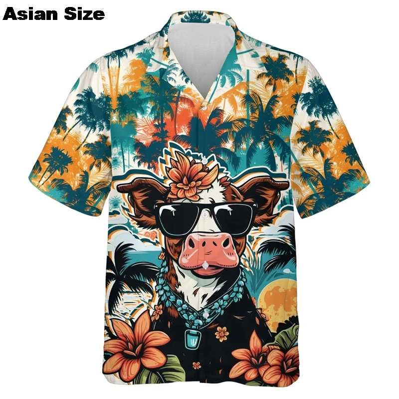 

Funny Animal Cow 3D Printed Beach Shirts For Men Clothes Casual Hawaiian Dairy Cow Short Sleeve Fashion Aloha Lapel Blouse Tops