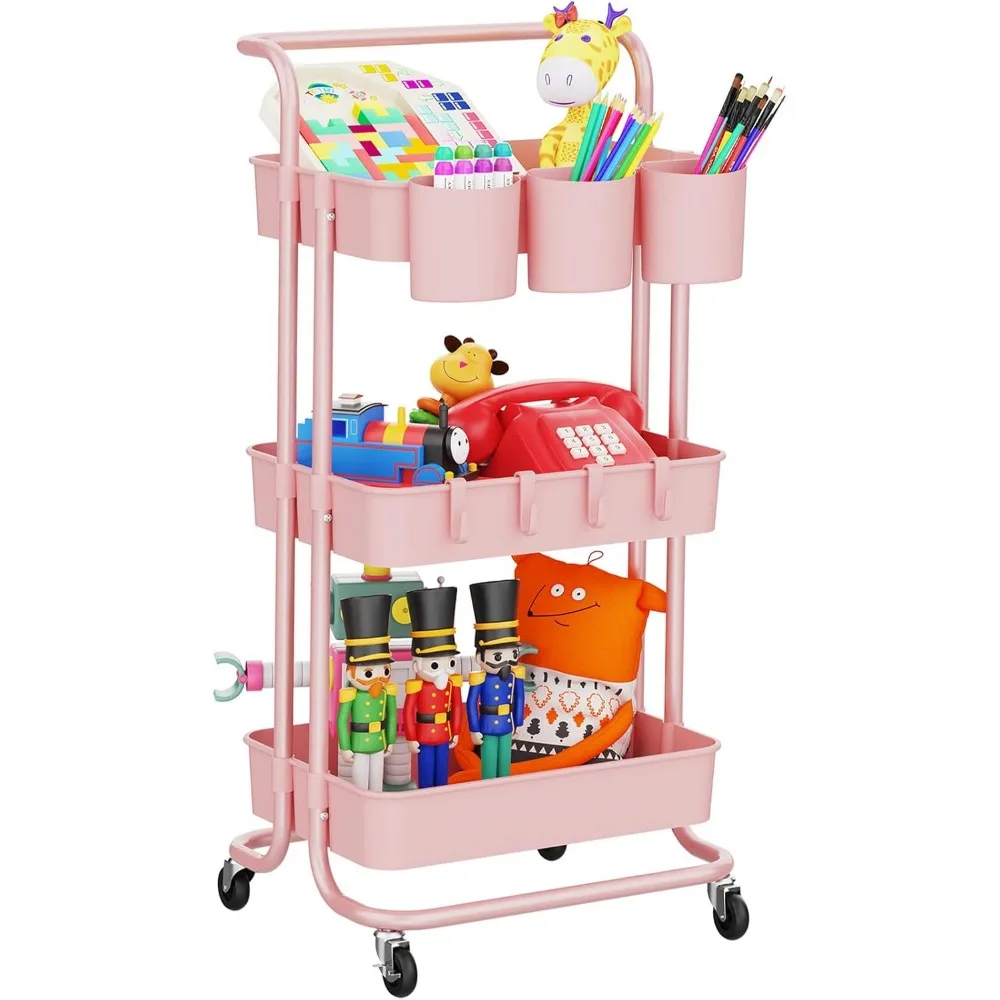 

3-Tier Rolling Utility Cart with Hanging Cups & Hooks & Handle, Plastic Art Cart Organizer Storage with Wheels